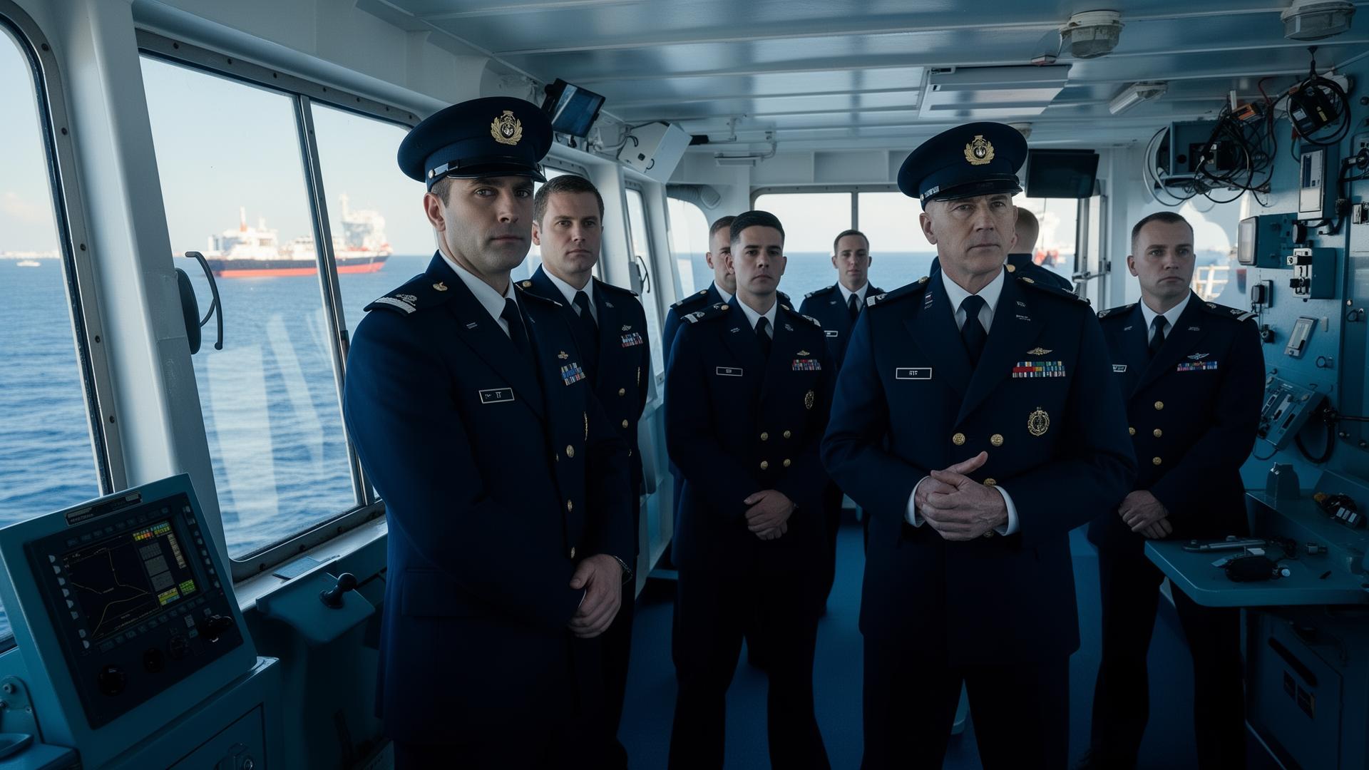 Maritime officers on the bridge of a commercial vessel