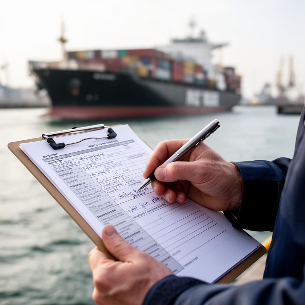 Maritime inspector's hands writing a report with a cargo ship in the background