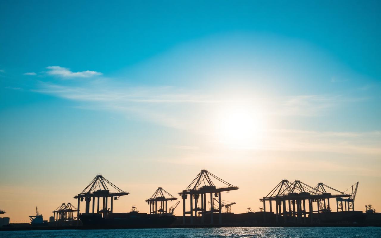 Port cranes at sunset